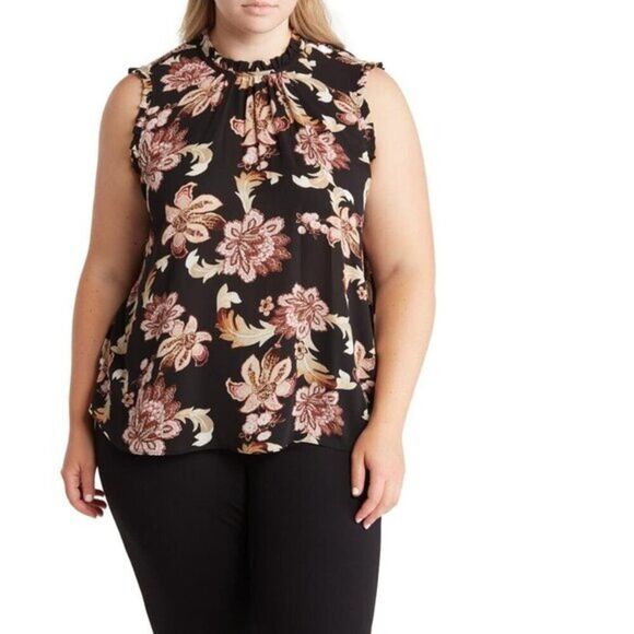 Tahari Plus Size Women's  Floral‎ Ruffle Crewneck Top - Picture 2 of 4